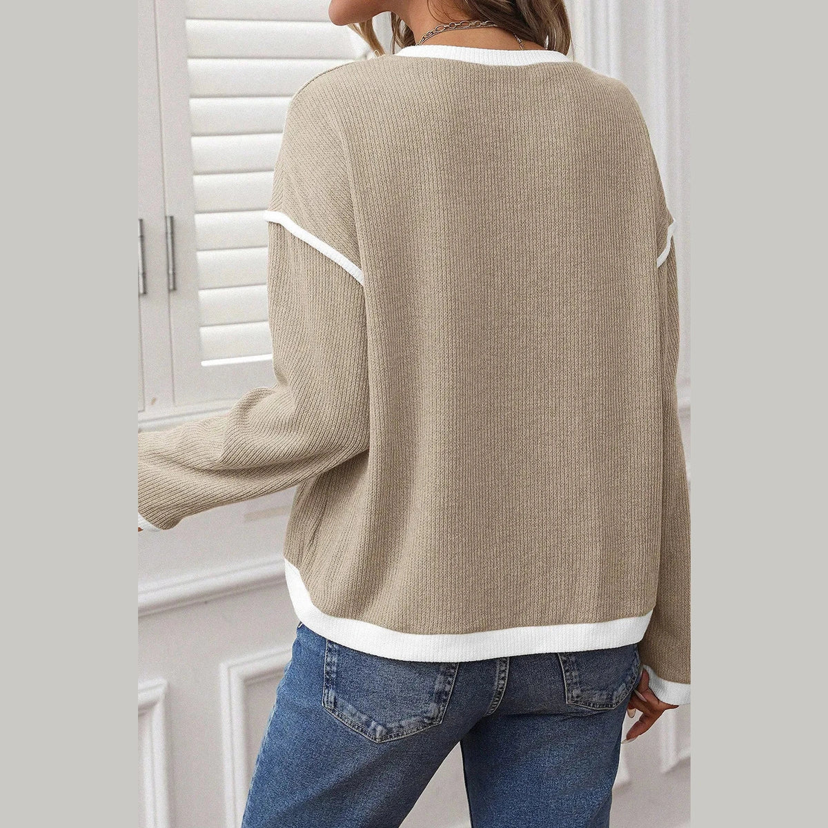 Dayten Khaki Contrast Color Trim Knit Drop Shoulder Loose Top