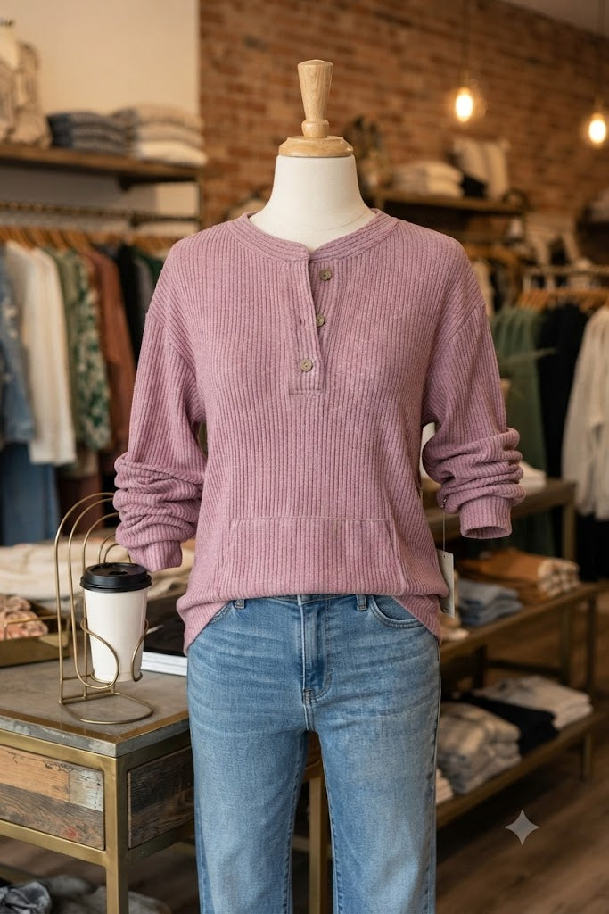 Karty Pink Rib Textured Henley Knit Top