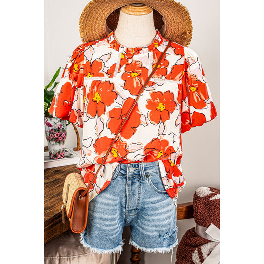 REDUCED!!!  Debra Orange Floral Bubble Sleeve Frill Neck Loose Blouse  REDUCED!!!