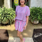 Deema Pink Stripe Dolman Short Sleeve Blouse Drawstring Elastic Waist Loose Short Set