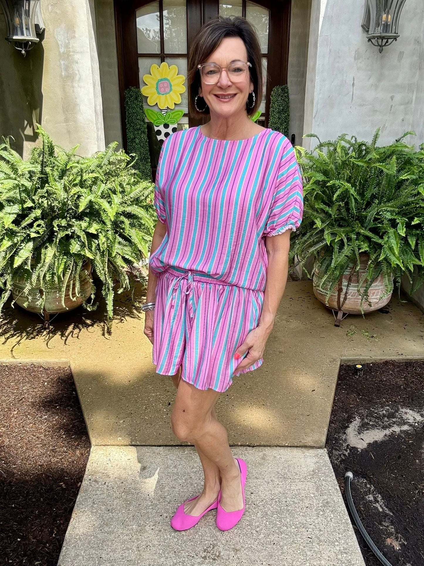 Deema Pink Stripe Dolman Short Sleeve Blouse Drawstring Elastic Waist Loose Short Set