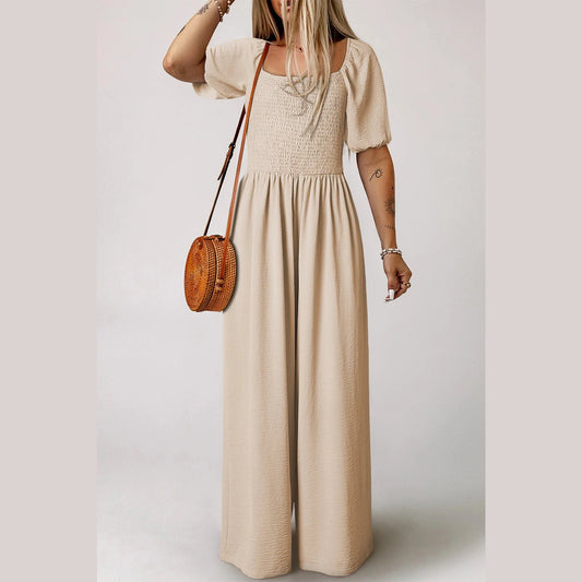 Deja Short Bubble Sleeve Smocked Wide Leg Jumpsuit