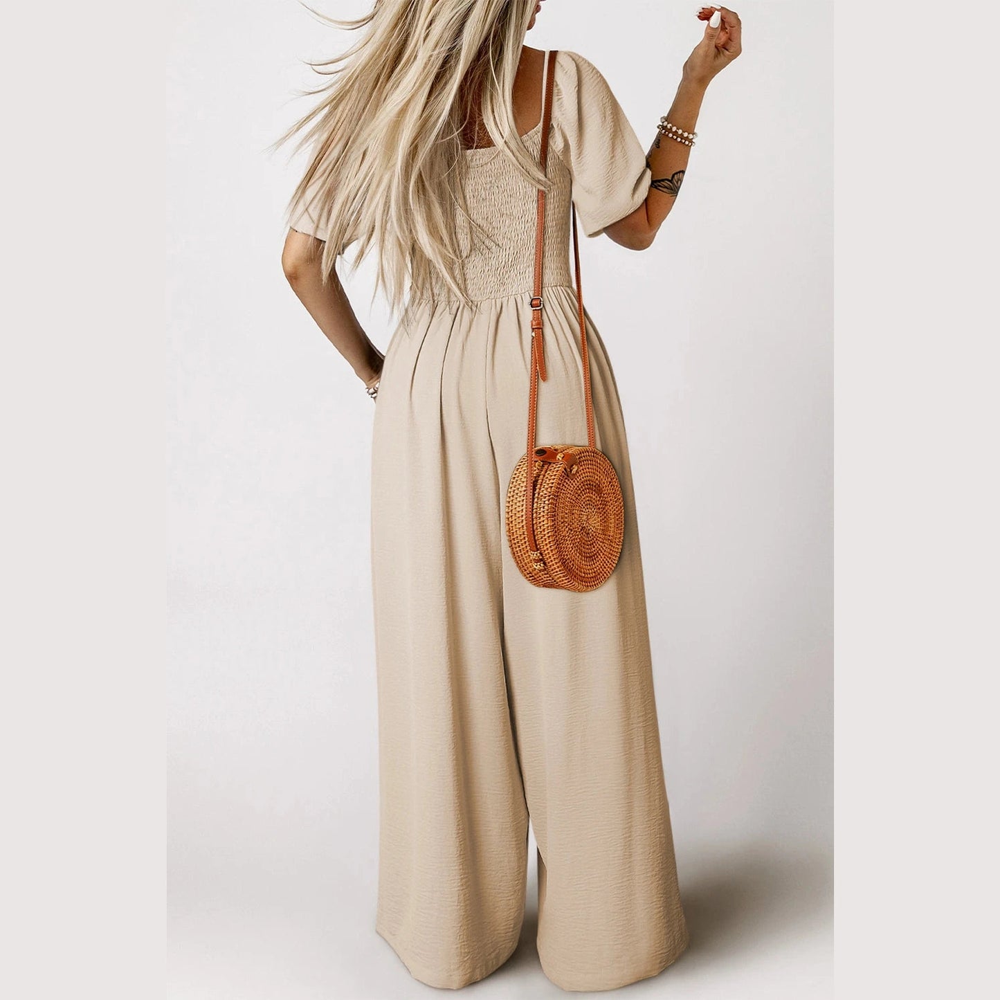 Deja Short Bubble Sleeve Smocked Wide Leg Jumpsuit