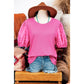 Delaney Bright Pink Ribbed Pearl Beaded Puff Sleeve Top