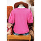 Delaney Bright Pink Ribbed Pearl Beaded Puff Sleeve Top