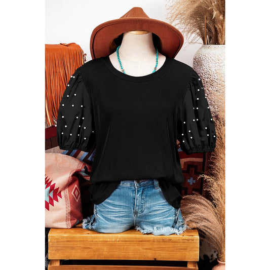 Delaney Black Ribbed Pearl Beaded Puff Sleeve Top