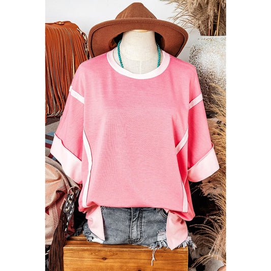 Delphine Peach Blossom Half Sleeve Raw Seam High Low Side Split Top