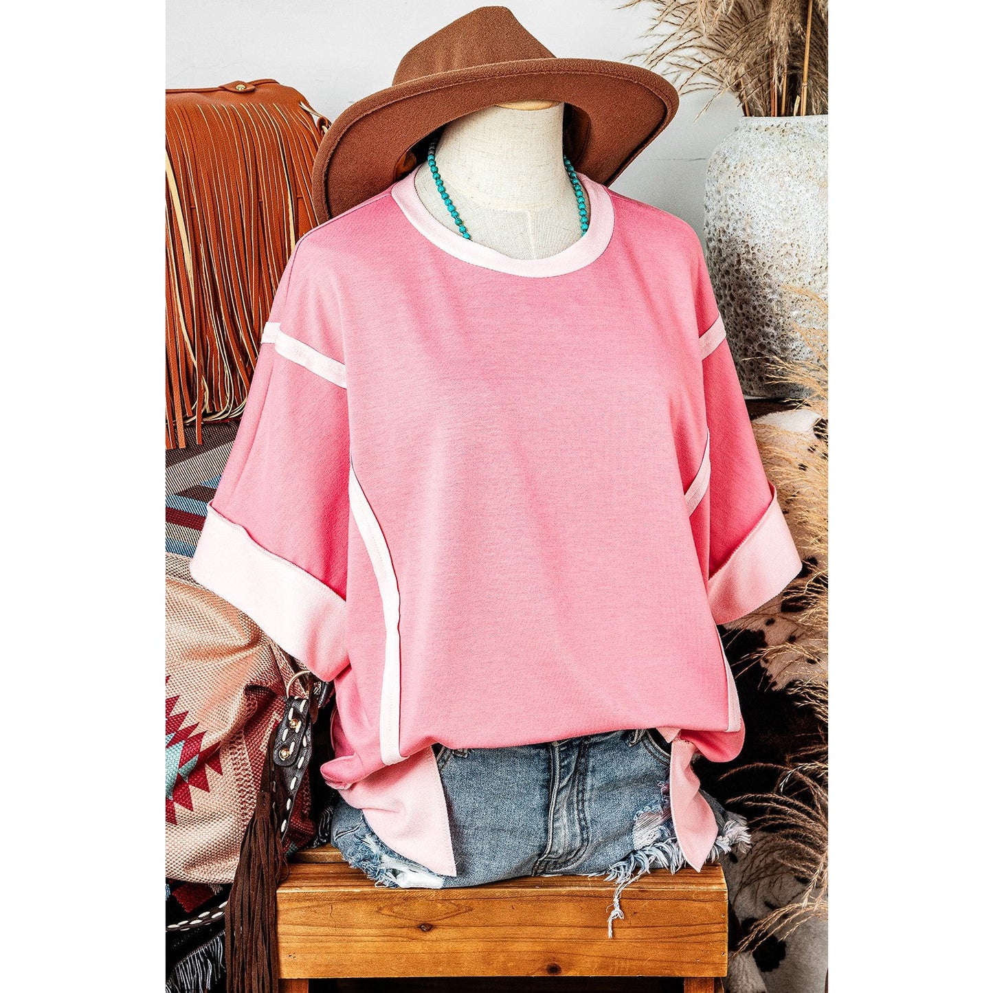Delphine Peach Blossom Half Sleeve Raw Seam High Low Side Split Top