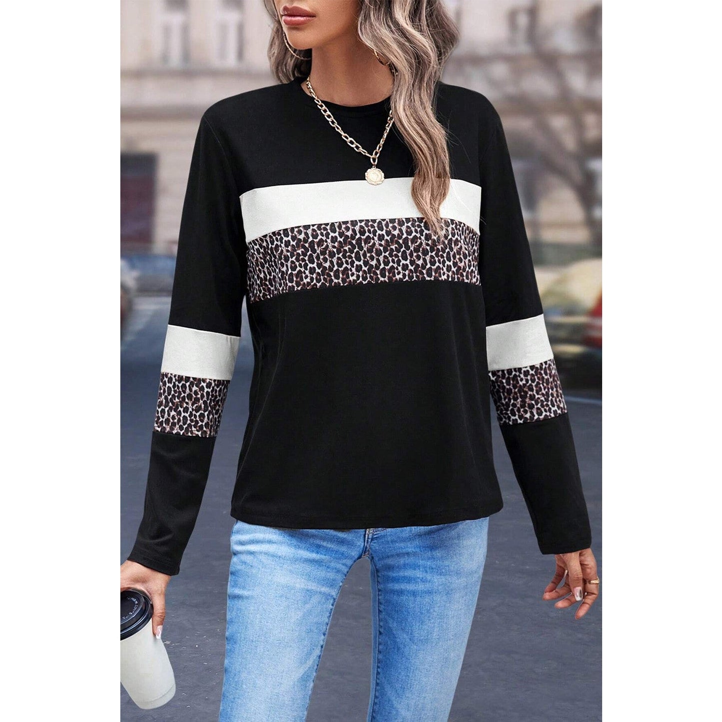 Deniz White Leopard Colorblock Patchwork Crew Neck Long Sleeve Tee