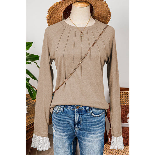 Derica Parchment Seam Detail Lace Contrast Cuffs Raglan Sleeve Top