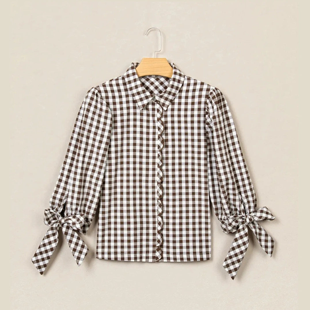 Derri Brown Plaid Knot Half Sleeve Button Down Shirt