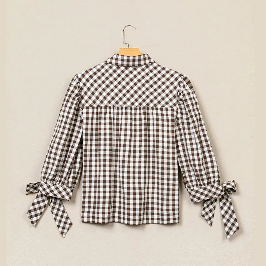Derri Brown Plaid Knot Half Sleeve Button Down Shirt