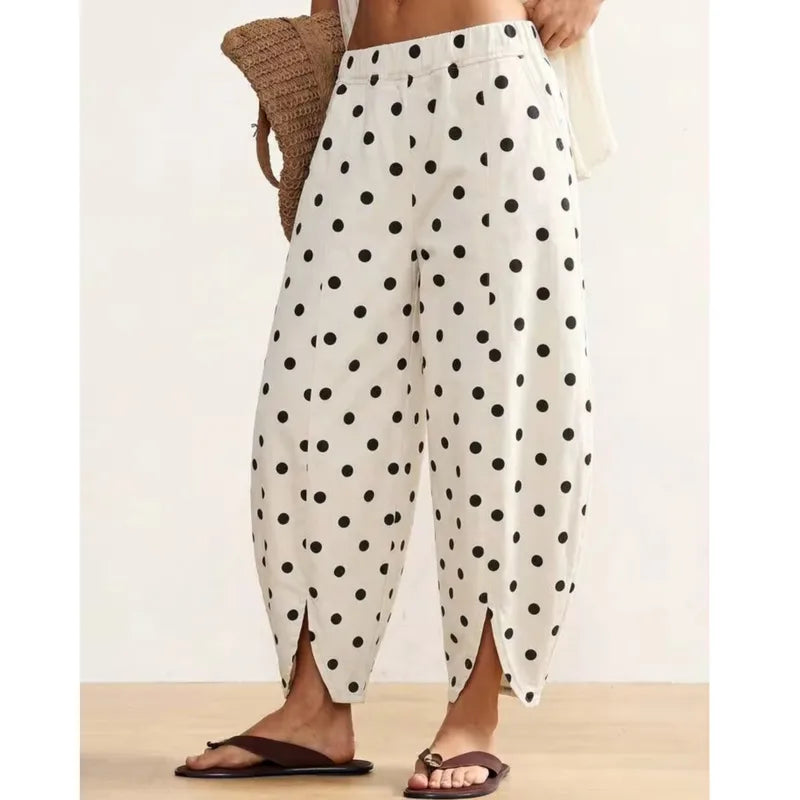 Desarae High‑Waist Petal‑Slit Polka Dot Pants