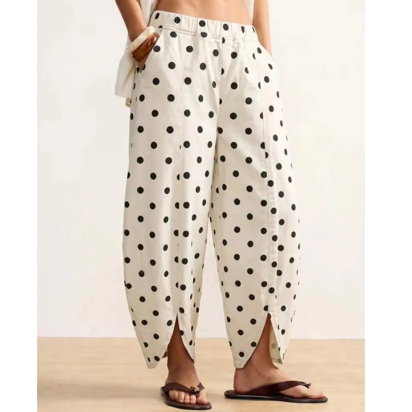Desarae High‑Waist Petal‑Slit Polka Dot Pants