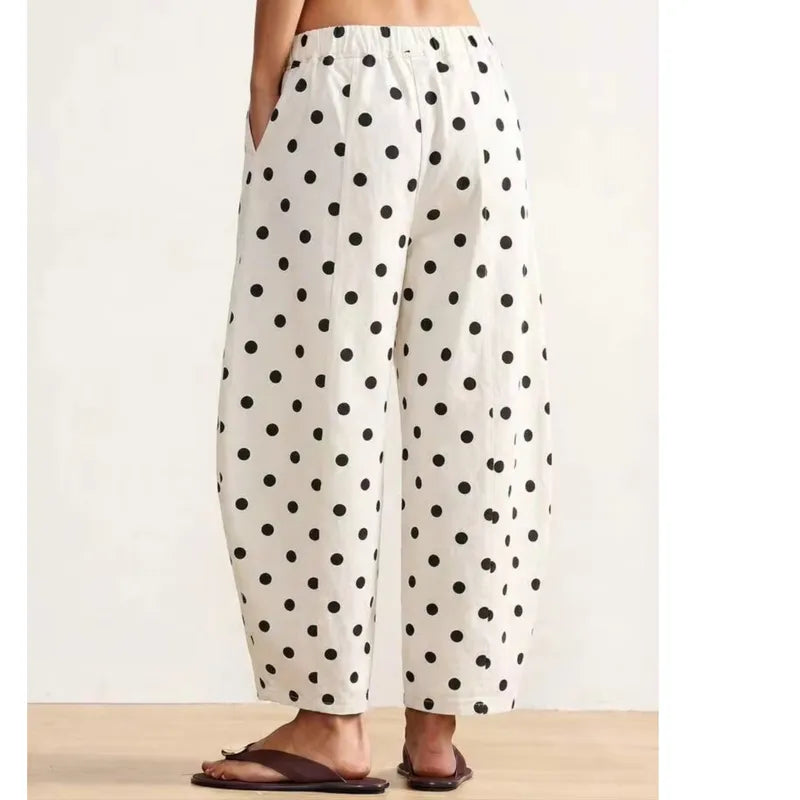 Desarae High‑Waist Petal‑Slit Polka Dot Pants
