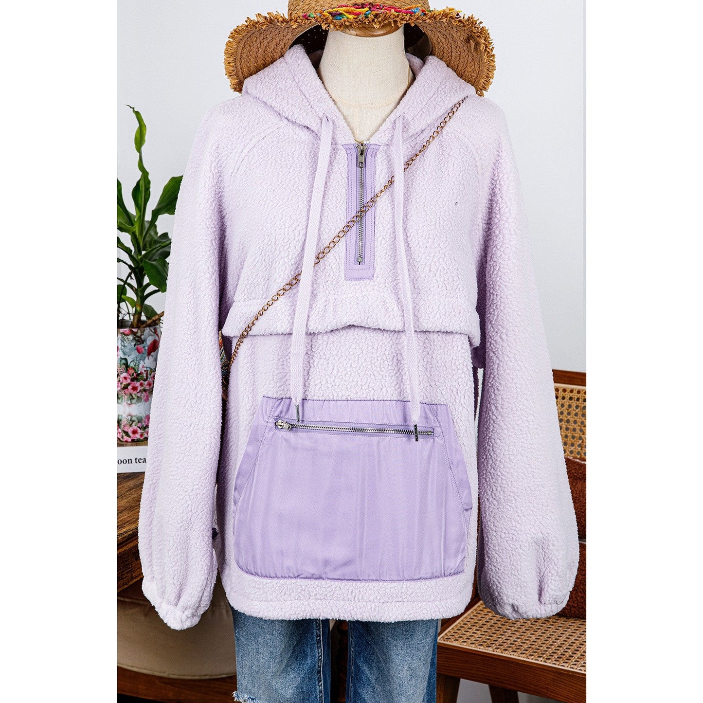 Deserae Zipped Patch Pocket Fuzzy Drawstring Hoodie