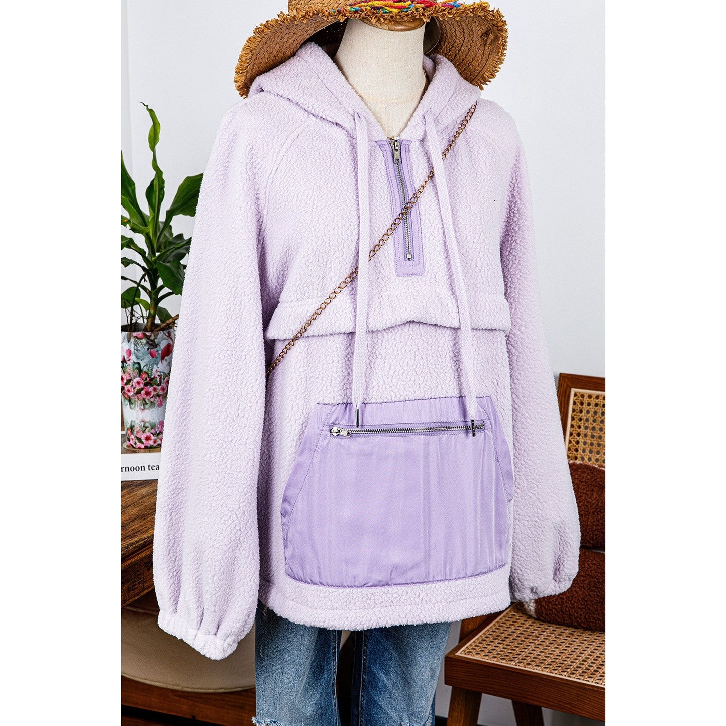 Deserae Zipped Patch Pocket Fuzzy Drawstring Hoodie