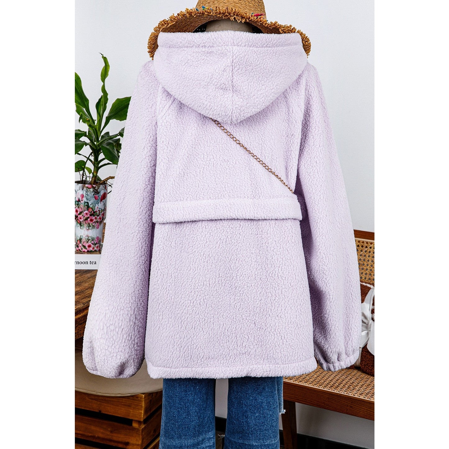 Deserae Zipped Patch Pocket Fuzzy Drawstring Hoodie