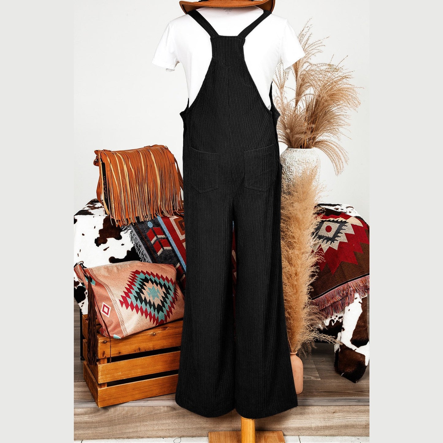 Desiree Black Solid Pocketed Loose Fit Corduroy Overall