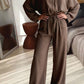 Desiree Dark Brown Braided V Neck Long Sleeve Loose Top and Drawstring High Waist Pants 2pcs Outfit