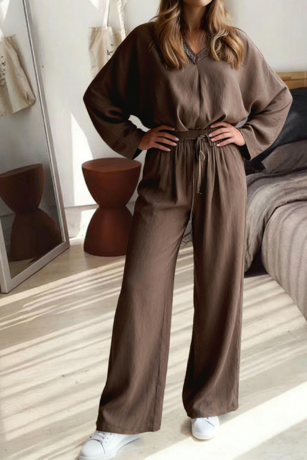 Desiree Dark Brown Braided V Neck Long Sleeve Loose Top and Drawstring High Waist Pants 2pcs Outfit