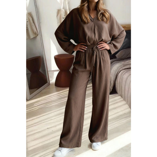 Desiree Dark Brown Braided V Neck Long Sleeve Loose Top and Drawstring High Waist Pants 2pcs Outfit