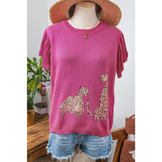 REDUCED!!!  Devyn Pink Leopard Ruffled Sleeve Round Neck Knit Sweater REDUCED!!!