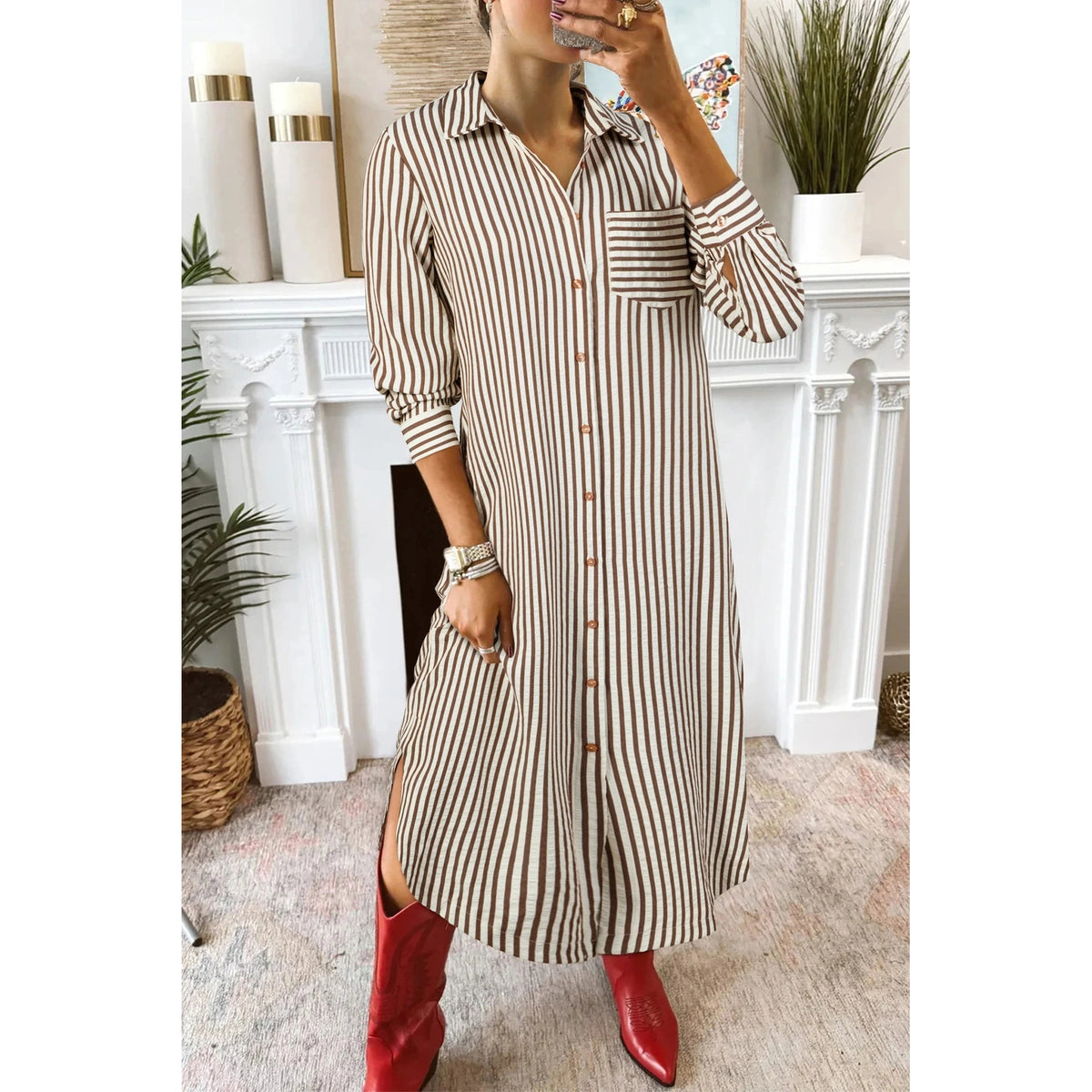 SALE!!!  Devyn Brown Stripe Textured 3/4 Sleeve Round Hem Split Midi Shirt Dress