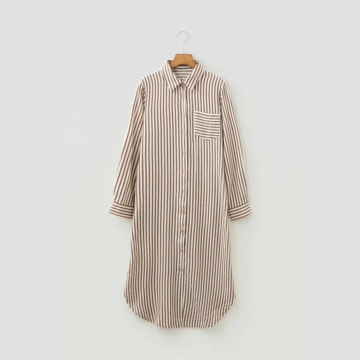 SALE!!!  Devyn Brown Stripe Textured 3/4 Sleeve Round Hem Split Midi Shirt Dress
