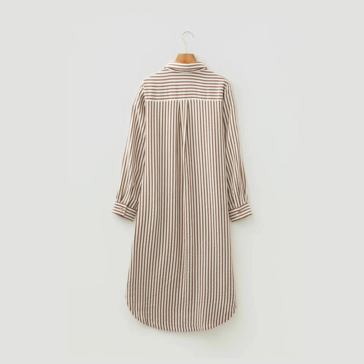 SALE!!!  Devyn Brown Stripe Textured 3/4 Sleeve Round Hem Split Midi Shirt Dress