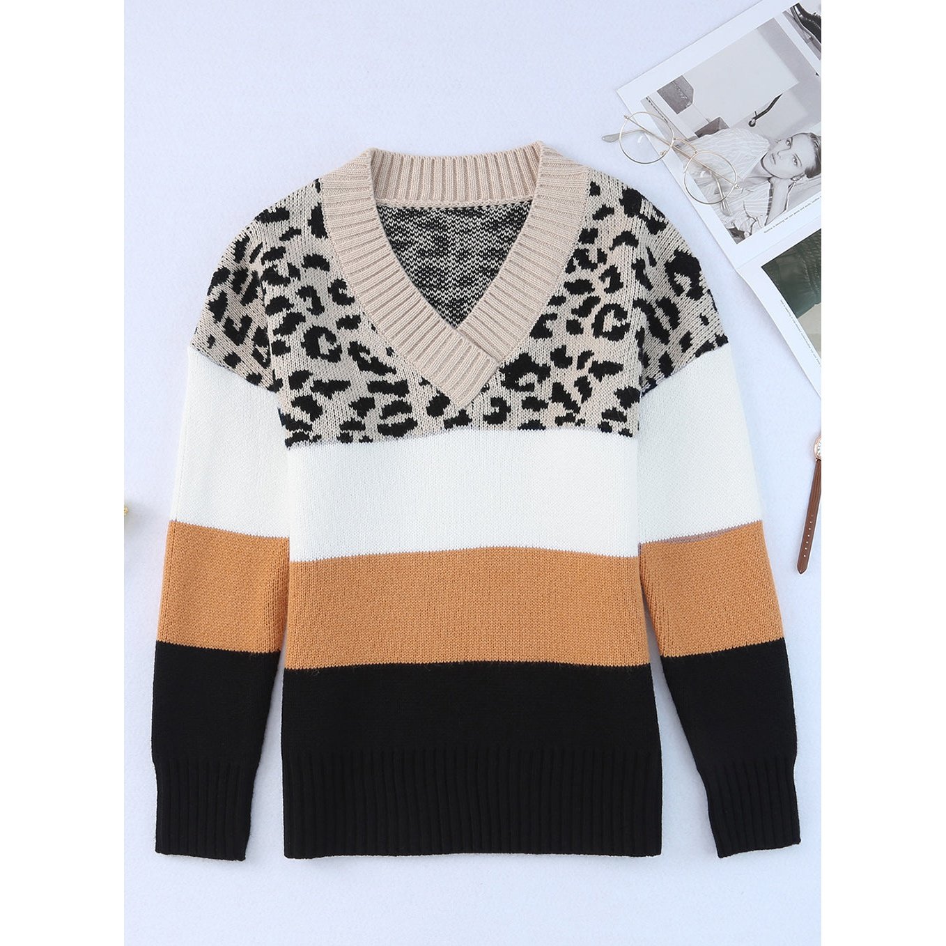 Dezi Leopard Color Block Long Sleeve Sweater