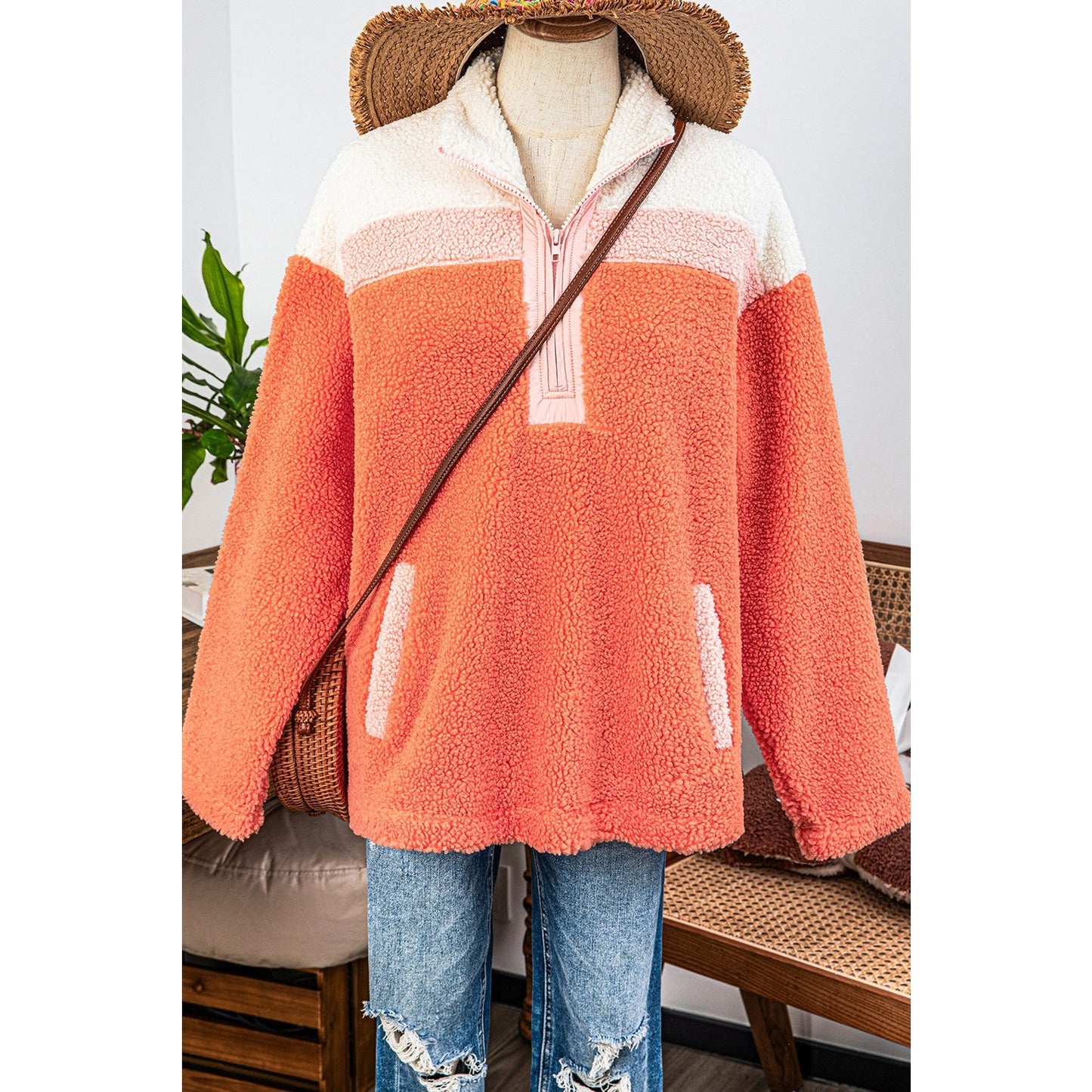 Diandra Orange Colorblock Half Zipper Stand Neck Sherpa Sweatshirt