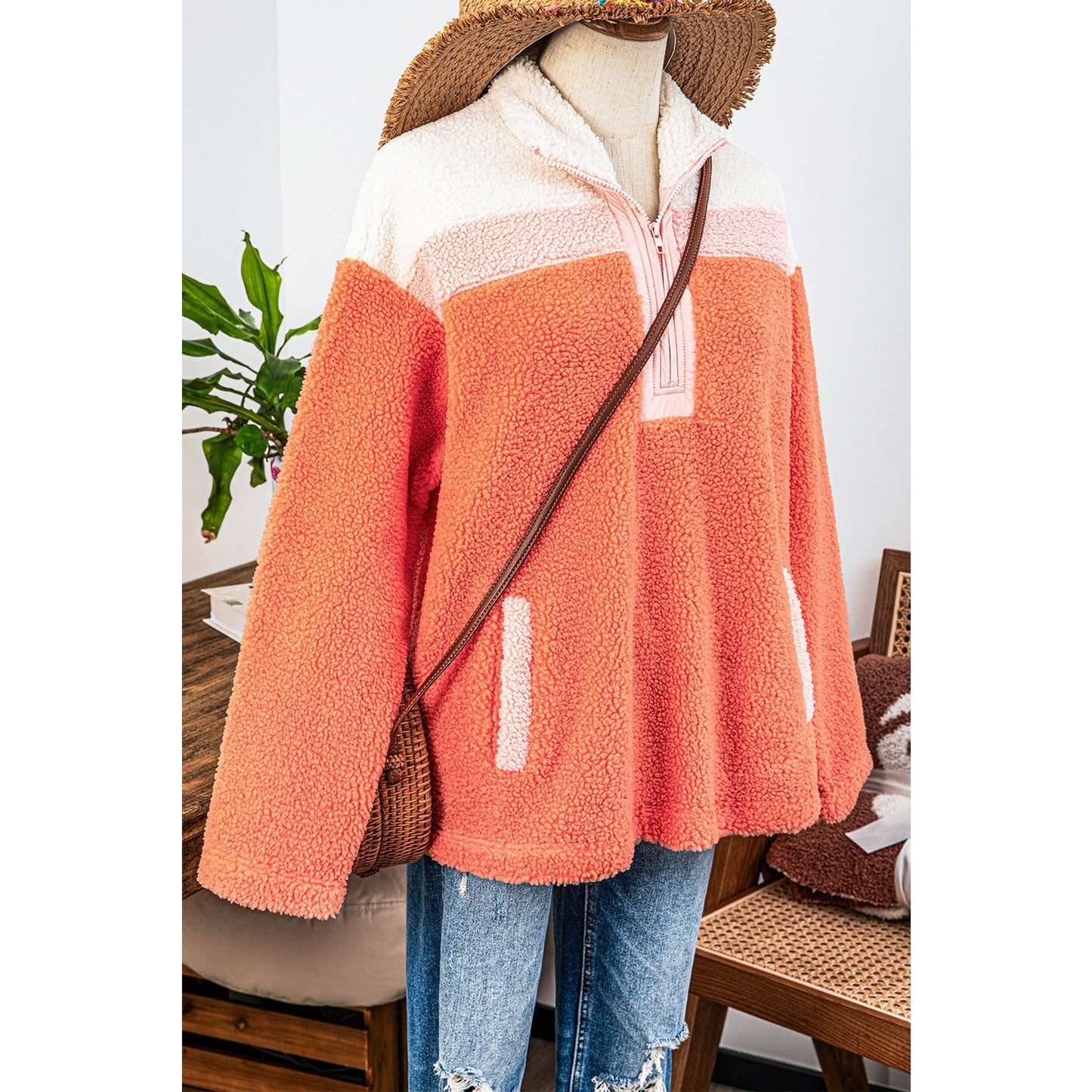 Diandra Orange Colorblock Half Zipper Stand Neck Sherpa Sweatshirt