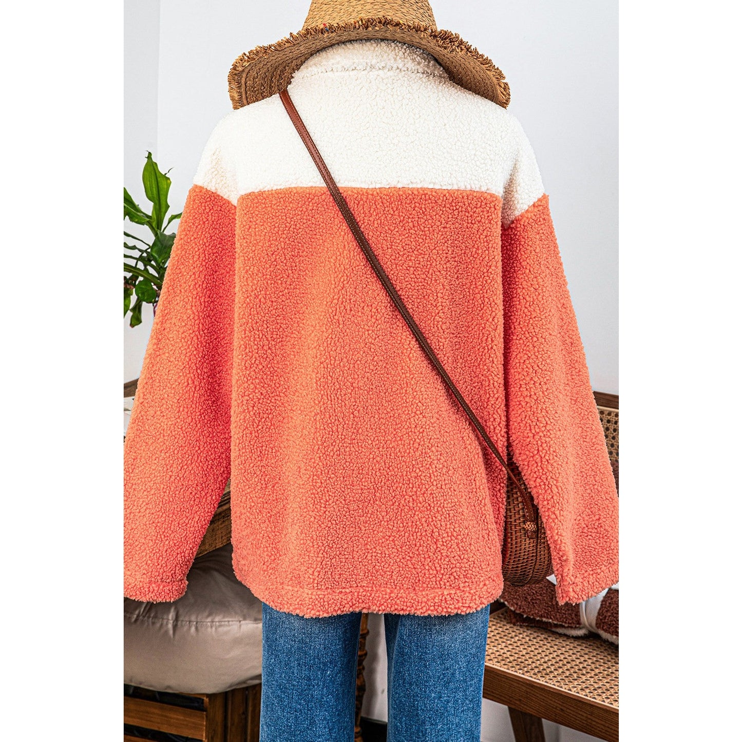 Diandra Orange Colorblock Half Zipper Stand Neck Sherpa Sweatshirt