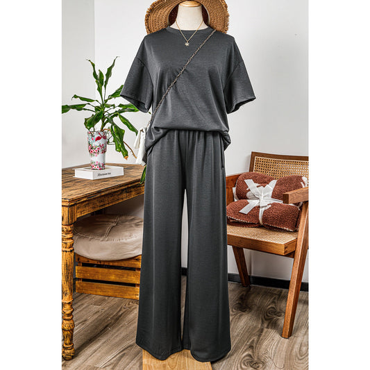 REDUCED!!!  Dion Dark Grey Drawstring Side Crewneck Tee and Loose Pants Set  REDUCED!!!