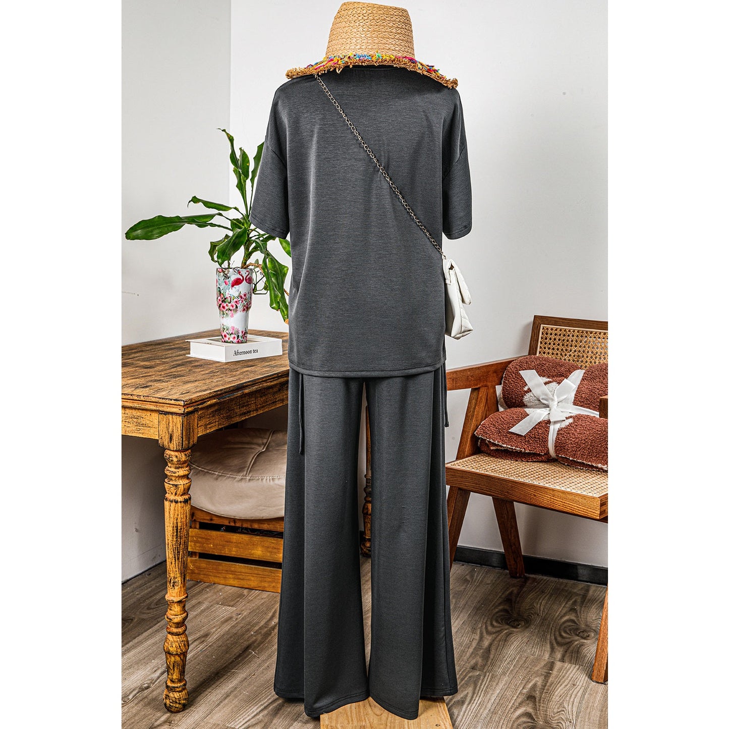 REDUCED!!!  Dion Dark Grey Drawstring Side Crewneck Tee and Loose Pants Set  REDUCED!!!