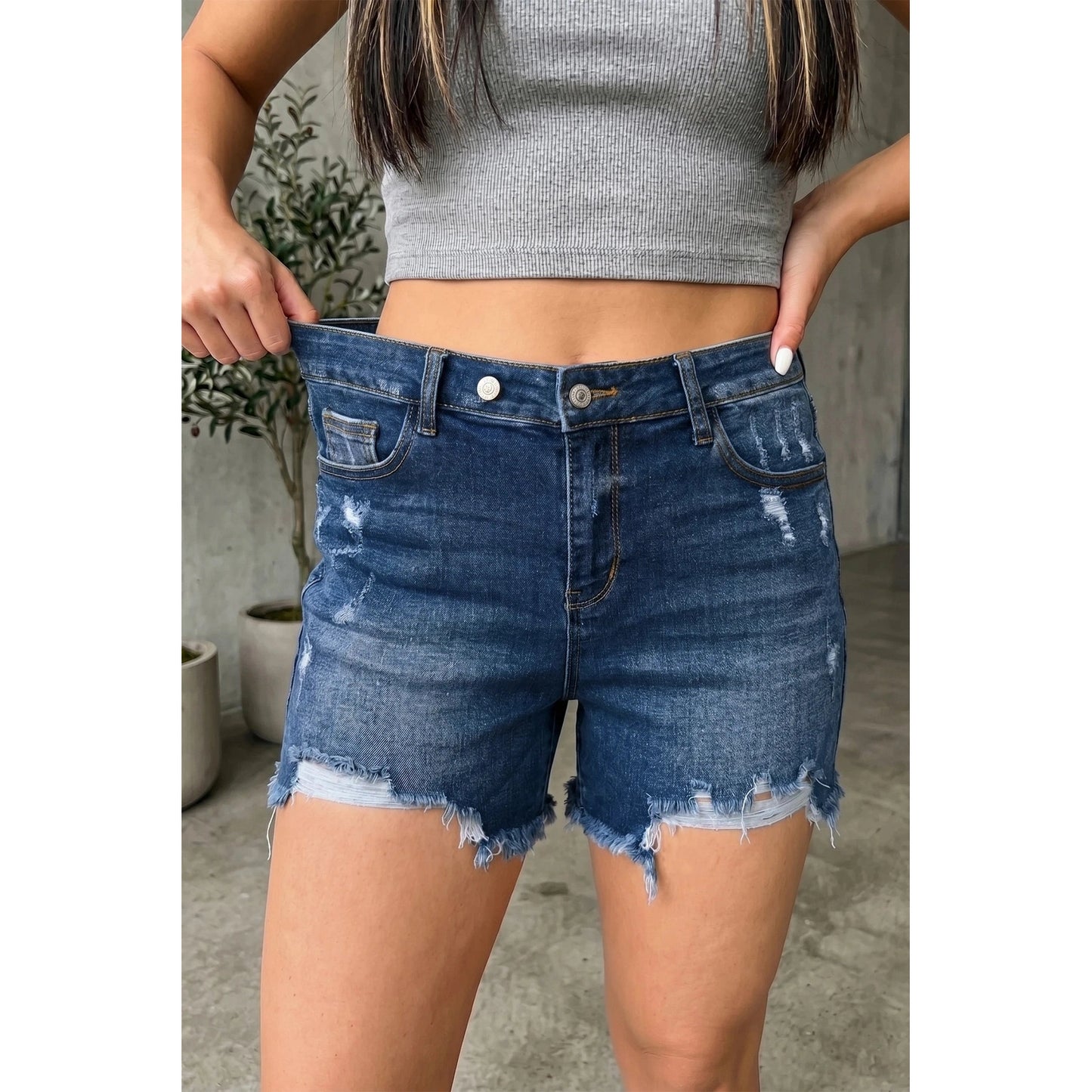 Alberta Dark Blue Asymmetric Raw Hem Distressed Whiskery Denim Shorts