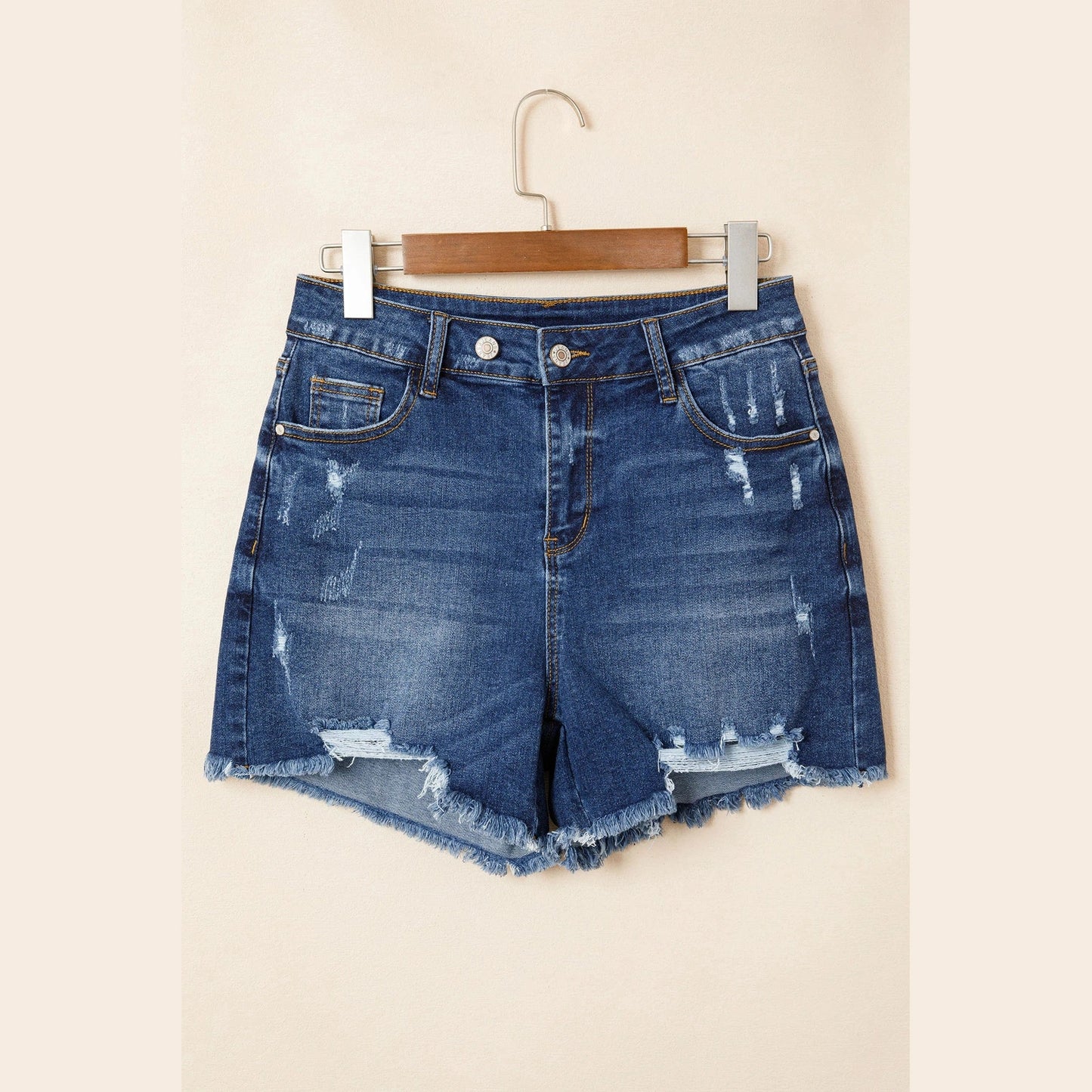 Alberta Dark Blue Asymmetric Raw Hem Distressed Whiskery Denim Shorts