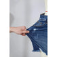 Alberta Dark Blue Asymmetric Raw Hem Distressed Whiskery Denim Shorts