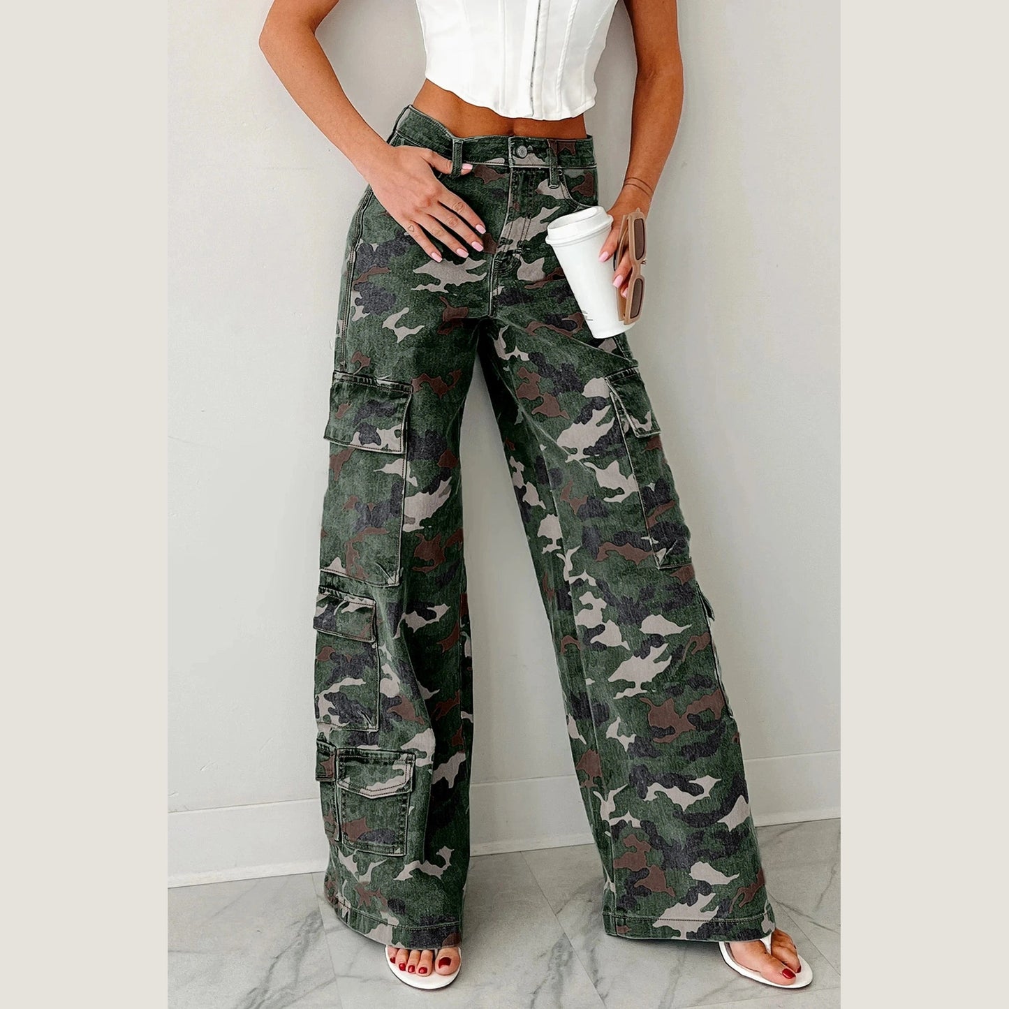 Layne Dark Green Camo Cargo Wide Leg Pants