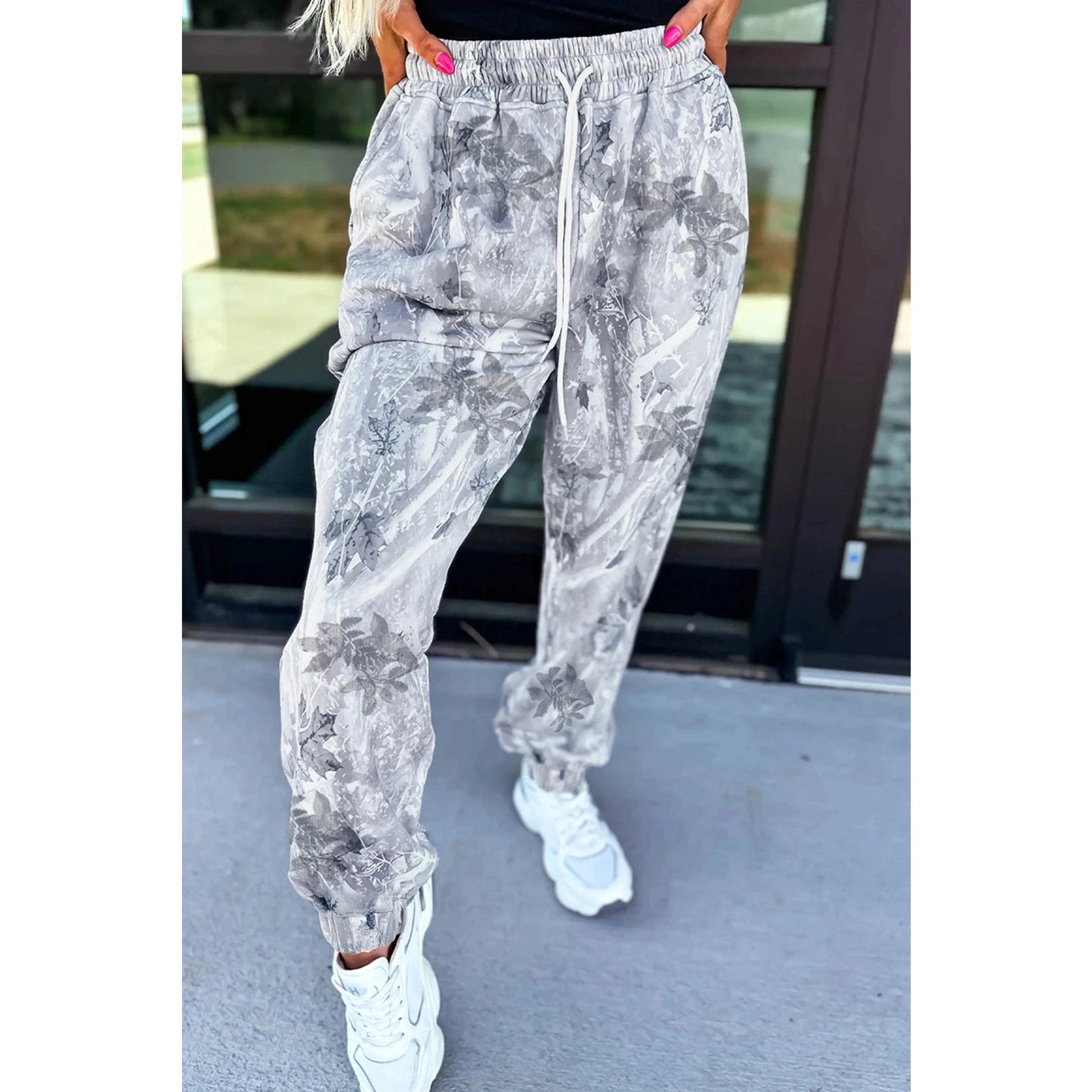 Donatella Grey Camo Print Cozy Drawstring Elastic Waist Jogger Pants