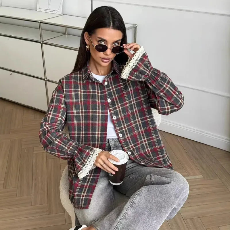 Donella Plaid Button‑Up with Lace Trim