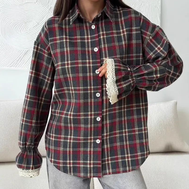 Donella Plaid Button‑Up with Lace Trim
