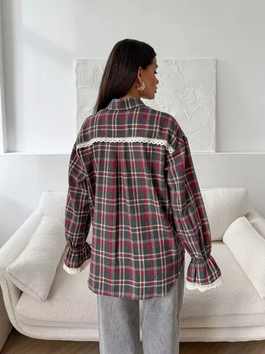 Donella Plaid Button‑Up with Lace Trim