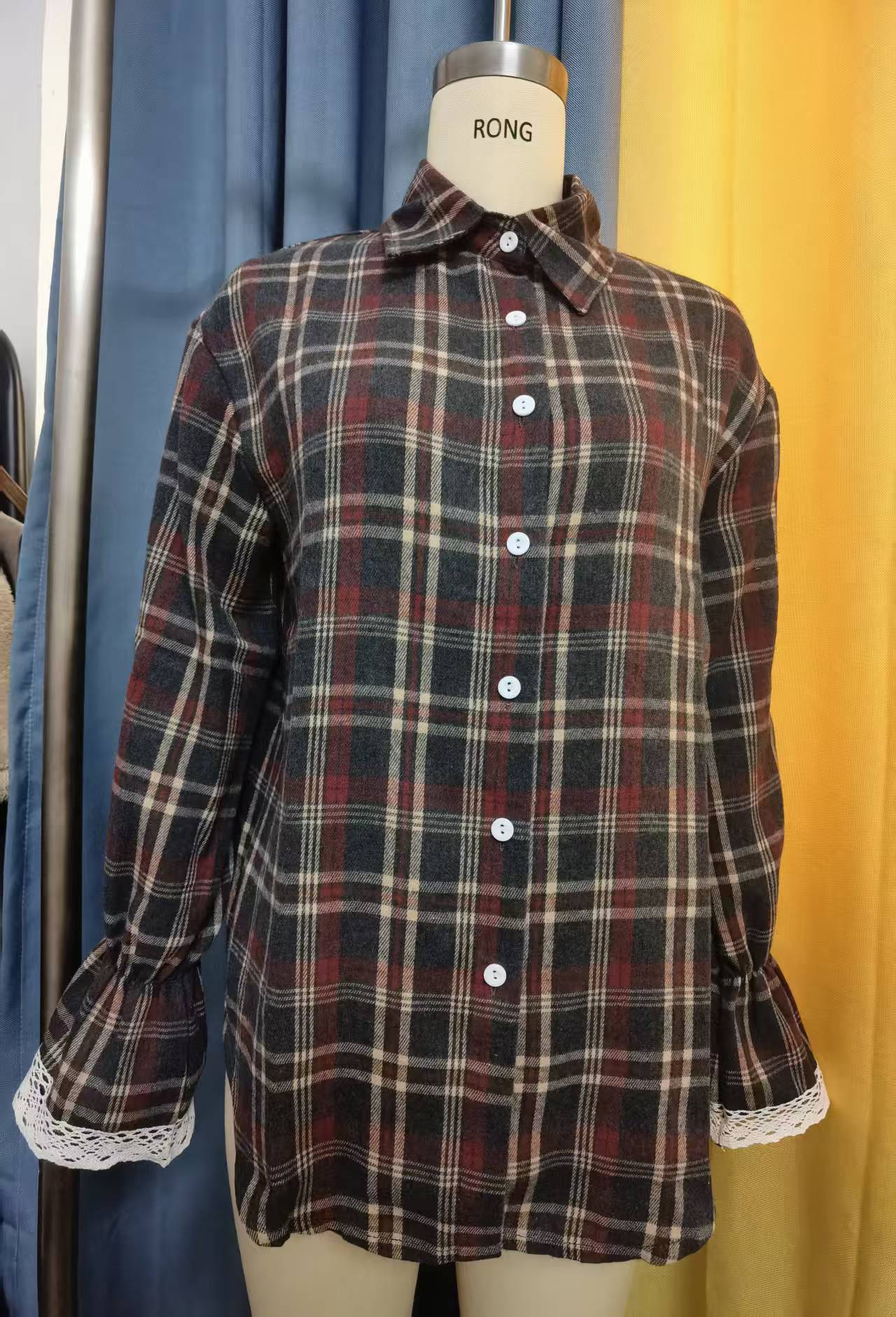 Donella Plaid Button‑Up with Lace Trim