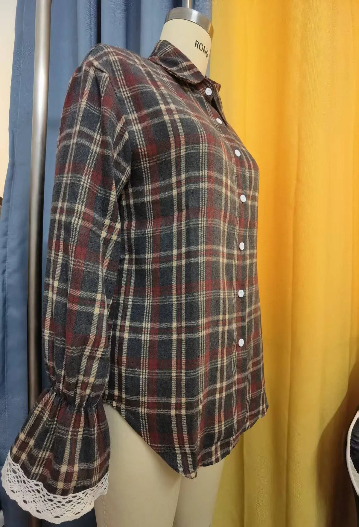 Donella Plaid Button‑Up with Lace Trim