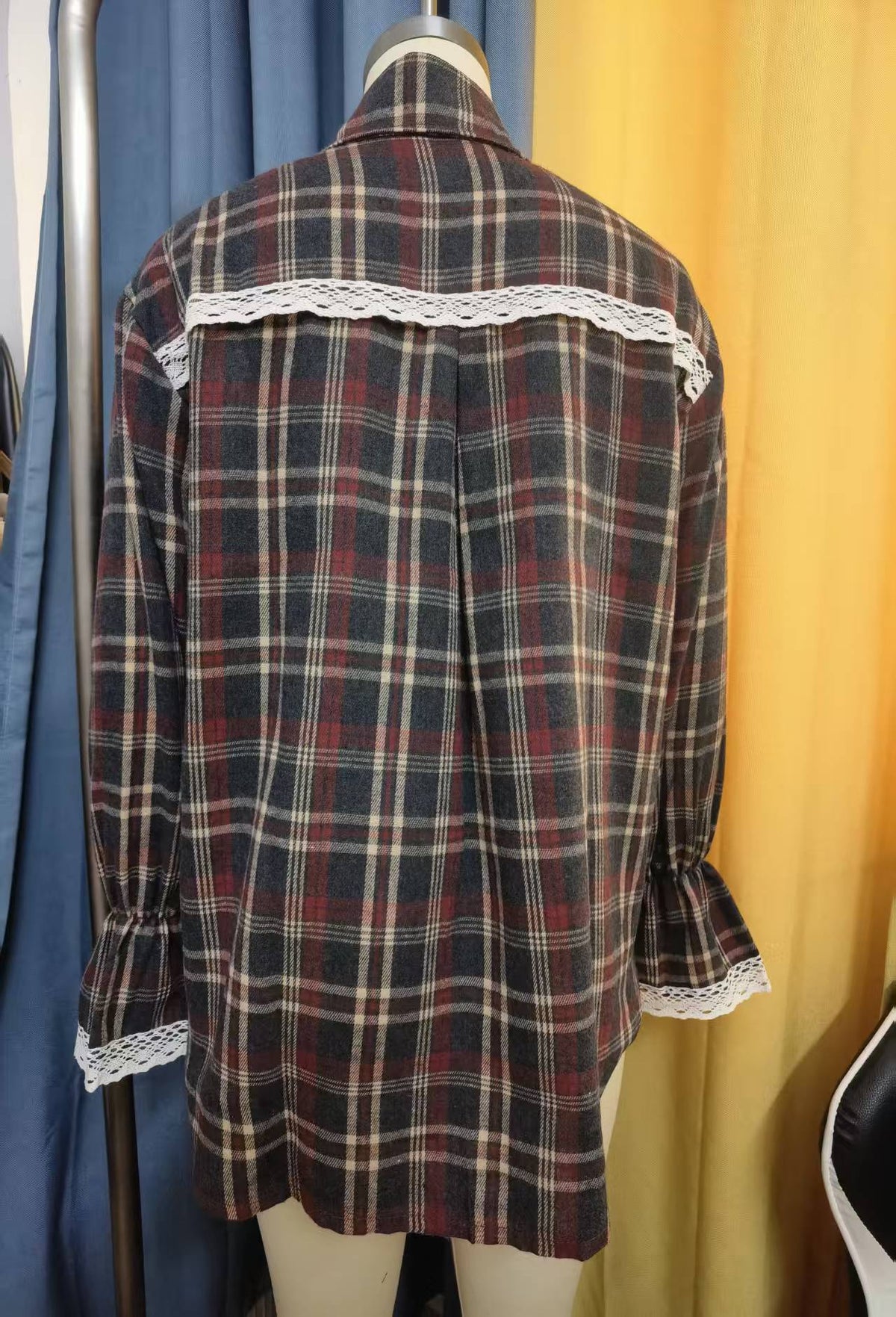 Donella Plaid Button‑Up with Lace Trim