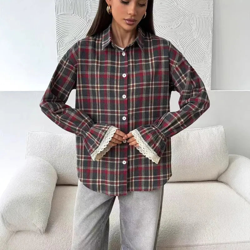 Donella Plaid Button‑Up with Lace Trim