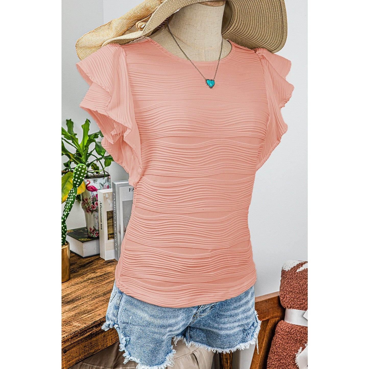 Donetta Pink Wavy Textured Ruffle Sleeve Top