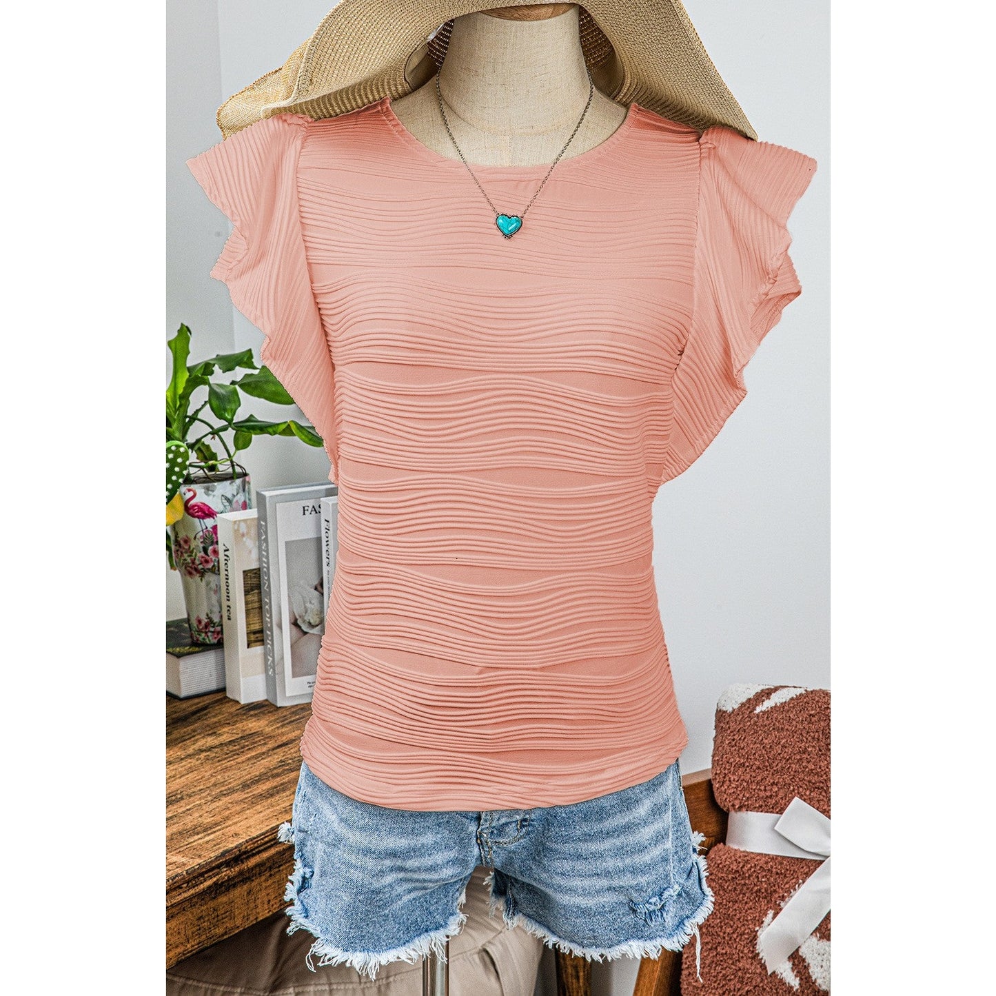 Donetta Pink Wavy Textured Ruffle Sleeve Top